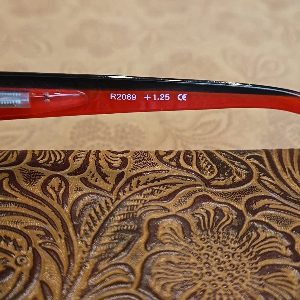 Hand Painted +1.25 Reading Glasses, rectangular shape with soft sleeve Case